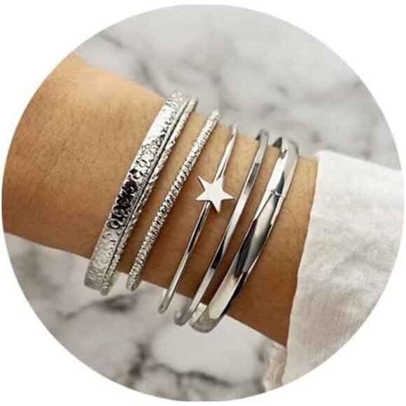 6 Silver Bangle Bracelets for Women, Multi Layer Stackable Cuff Bracelet Set, - Picture 1 of 8